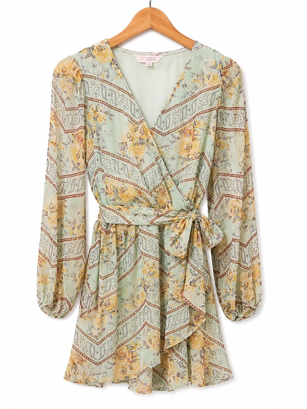 Lauren Conrad Mint Green Faux Floral Wrap Dress Gold Detail XS